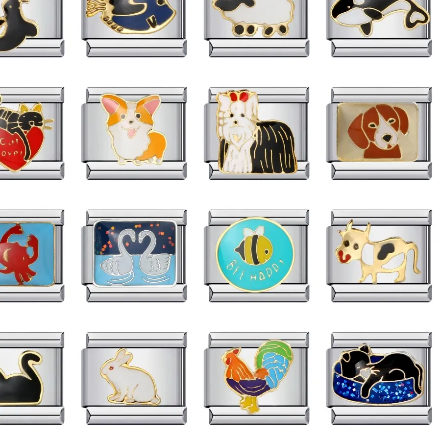 Authentic Y2k Animal Dolphin Swan Fish Dog Cat Italian Charm Links Fit 9mm Bracelet Jewelry DIY Making Jewellry