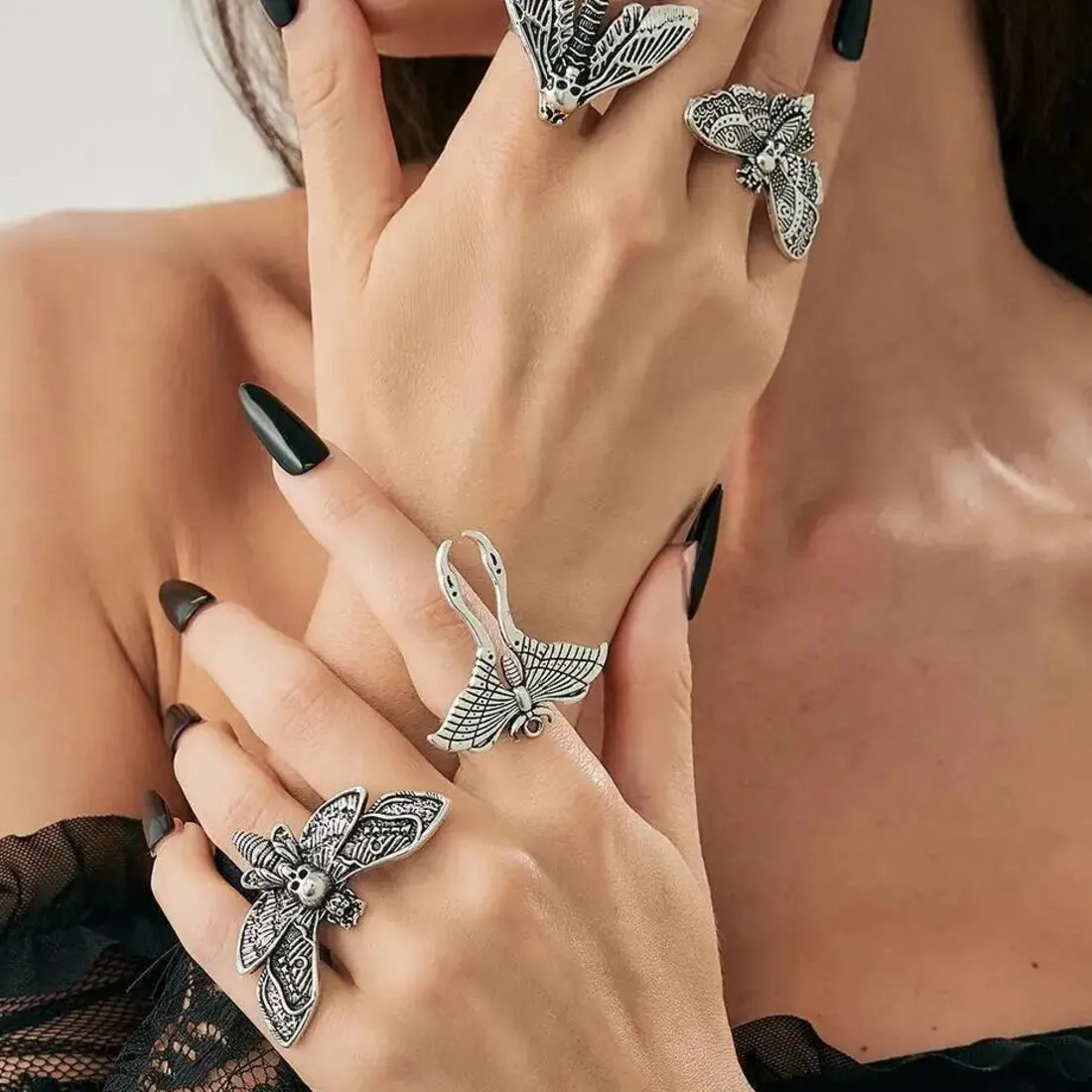 Authentic Moths of Transmutation: 4-Piece Set of Adjustable Gothic Rings for Women