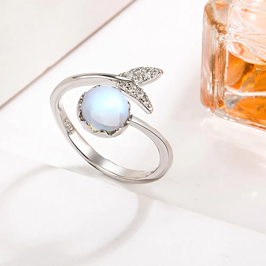 Authentic 925 Sterling Silver Fish Tail Moonstone ​Adjustable Open Rings For Women Engagement Luxury Quality Jewelry Items