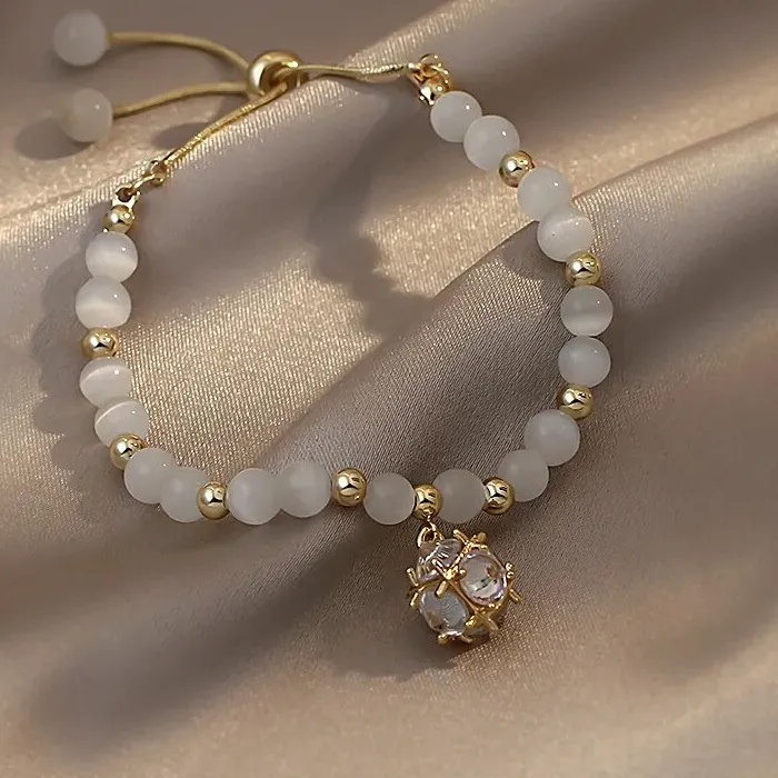 Authentic Cat Eye Stone Bead Bracelet Women Rhinestone Crystal Pendant Bracelet Exquisite Adjustable Bracelet Wristband Jewelry A