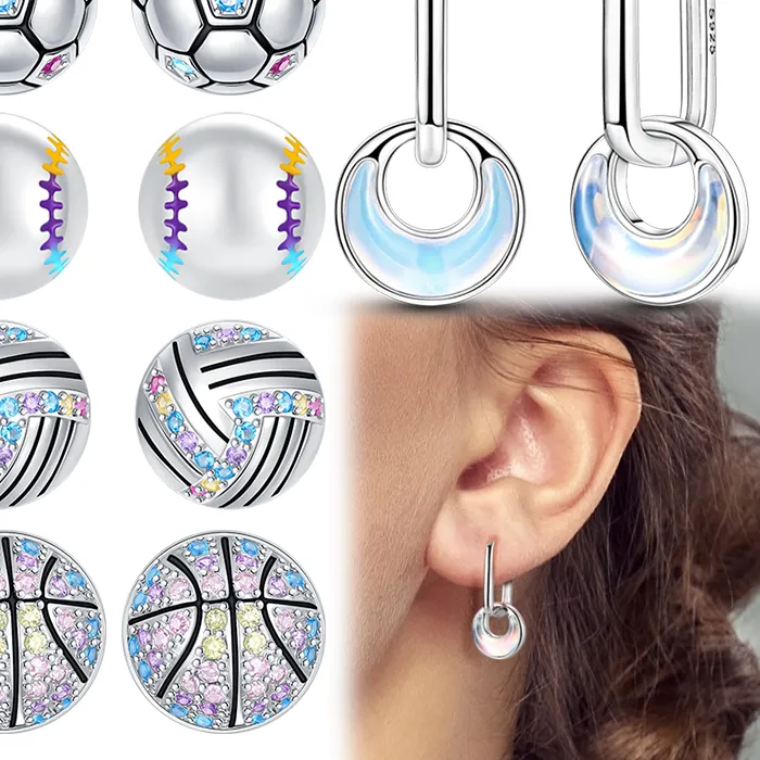 Authentic 925 Sterling Silver Sports Earrings Soccer Baseball Volleyball Basketball Studs Moonstone U-Hoop Drop Earrings Jewelry