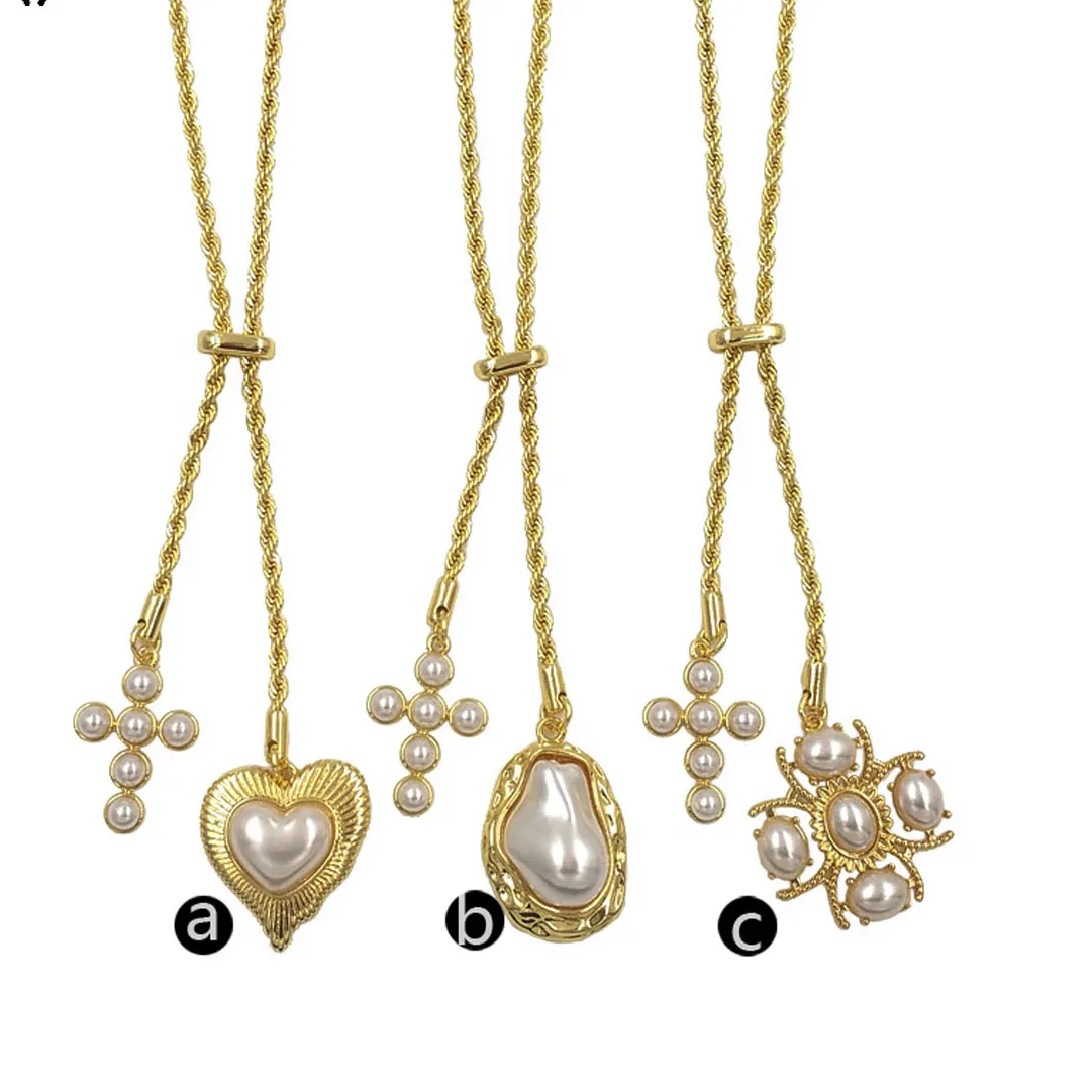 Authentic WT-JFN52 Elegant Style And Artificial Pearl Gold Plated Cross Heart Shape Charms Metal Necklace For Friends Romantic