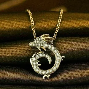 Authentic Dragon Shape Charm Pendant Necklace 2Ct Moissanite 14K Gold Plated Free Chain