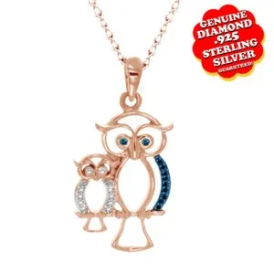 Authentic The Nocturnal Guardian: Blue and Natural Diamond Owl Pendant in Rose Gold