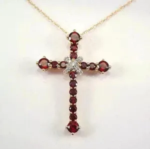 Authentic 2.00Ct Round Cut Simulated Red Garnet Cross Pendant Chain 14k Yellow Gold Plated