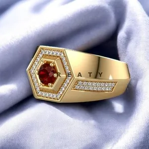Authentic Garnet Round Gemstone With 925 Sterling Silver Gold Plated Ring For Men's #550