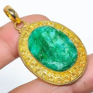 Authentic Emerald (Lab-Created) 18k Yellow Gold Plated Pendant 1.95" P7622-189