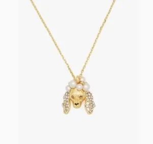 Authentic $78 Kate Spade POODLES & POMS 12K Gold Plated CZ/Pearl Necklace J1