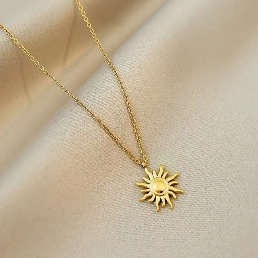 Authentic Golden Casting Sun Pendant Necklace Waterproof Simple Metal Texture Trendy Jewelry for Women