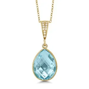 Authentic 9.00 Cttw Blue Topaz 16X12MM Pear Shape 18K Yellow Gold Plated Silver Pendant