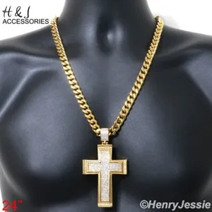 Authentic 18"-40" 9mm Gold Plated Cuban Chain BIG ICY CZ Cross Pendant*IP20