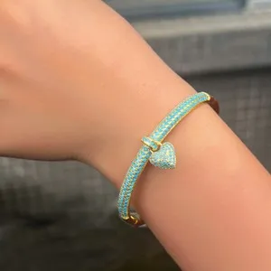 Authentic Women Elegant Gold Plated Blue Turquoise Heart Dangle Round Cuff Bangle Bracelet