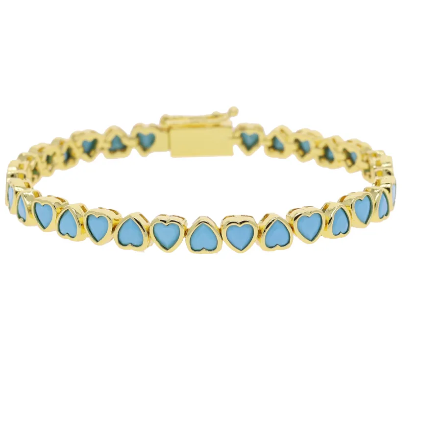 Authentic Classic Love Heart Cz Tennis Bracelet for Women Paved Turquoise Stone Platinum Plated Color Jewelry For Women