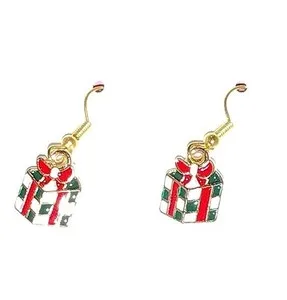 Authentic Holiday Christmas Red Green Box With Bow Gold Plated Dangle Drop Earrings