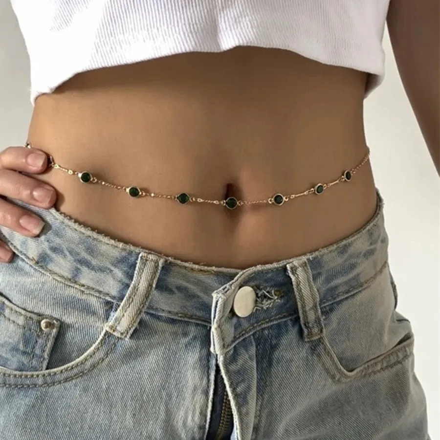 Authentic Verdant Veil: Green Crystal Belly Chain of Lunar Serenity