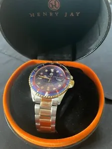 Authentic Henry Jay Men Self Winding Mechanical Automatic 23K Gold Plated Watch in box
