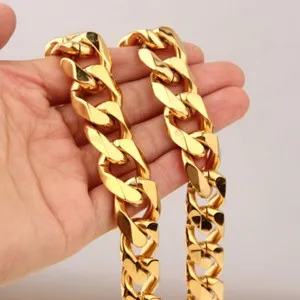 Authentic 18K Gold Plated Cuban Curb Chain Necklace Men 8/10/12/15/17/19mm