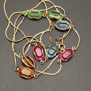 Authentic Vintage Gold Plated Bezel set Faceted Crystal Glass Chain Necklace
