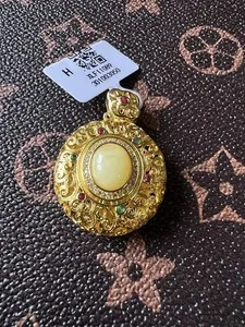 Authentic Oval Amber Filigree Hollow Pendant Gold Plated Vintage Jewelry Charm