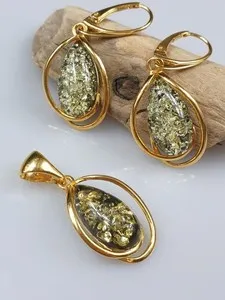 Authentic Amber earrings and pendant gold plated jewelry handmade real drop shape.