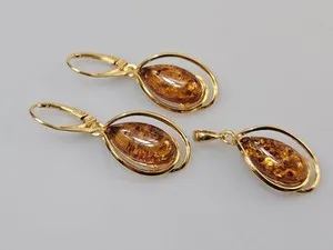 Authentic Amber earrings and pendant gold plated jewelry handmade real drop shape.