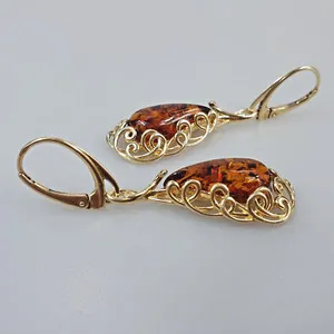 Authentic Amber Earrings Gold plated Silver 925 Big Gemstone Teardrop Earring lever back