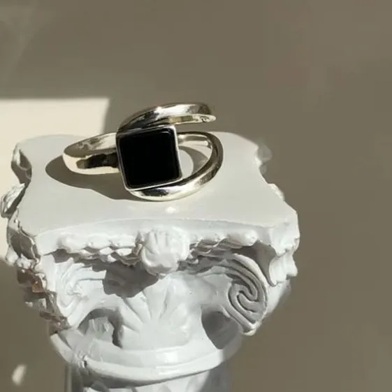 Authentic Sam Panda 925 Sterling Silver Finger Rings Creative Black Stone Geometric Birthday Party Jewelry Gifts