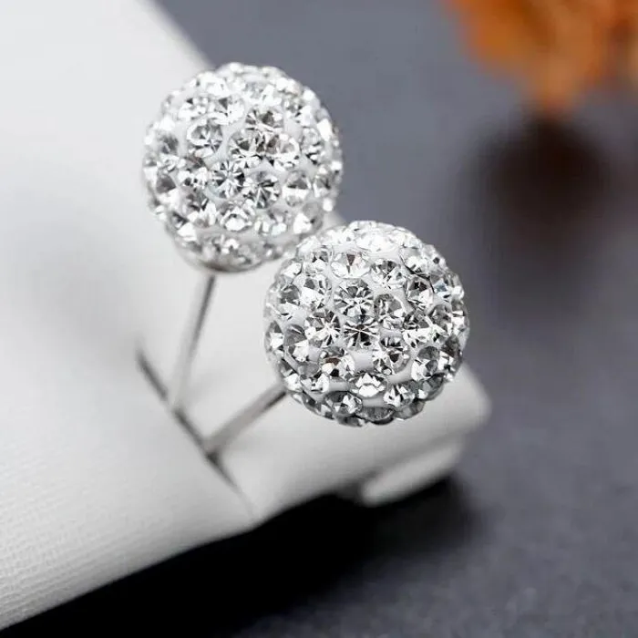 Authentic Classic 925 Sterling Silver Full Crystal Ball Earrings For Women Jewelry Earing 6 8 10 12mm Ball Stud Earrings Pendientes Brinco