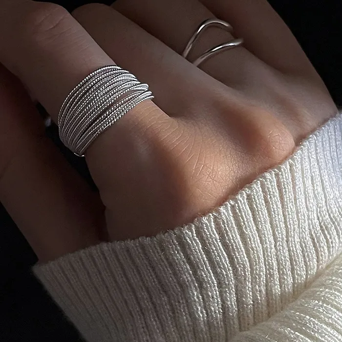 Authentic 925 Sterling Silver Unique Lines Ring For Women Jewelry Finger Adjustable Open Vintage Ring For Party Birthday