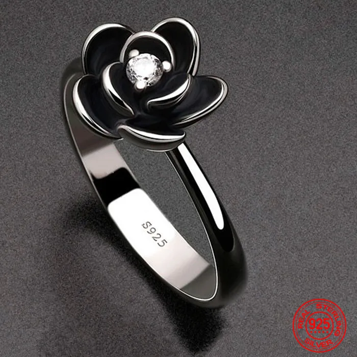 Authentic ZDADAN 925 Sterling Silver Charm Black Rose Flower Zircon Ring For Women Party Jewelry
