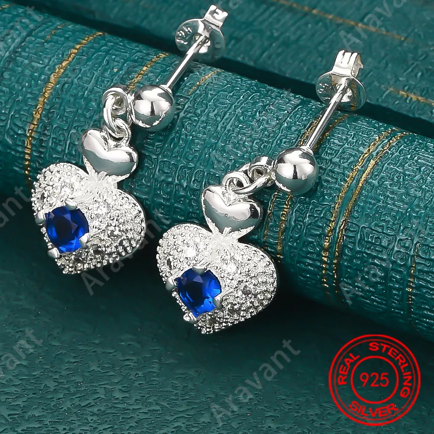 Authentic 925 Sterling Silver Blue Zircon Heart-Shaped Earrings - Exquisite And Adorable Wedding Party Jewelry For Women