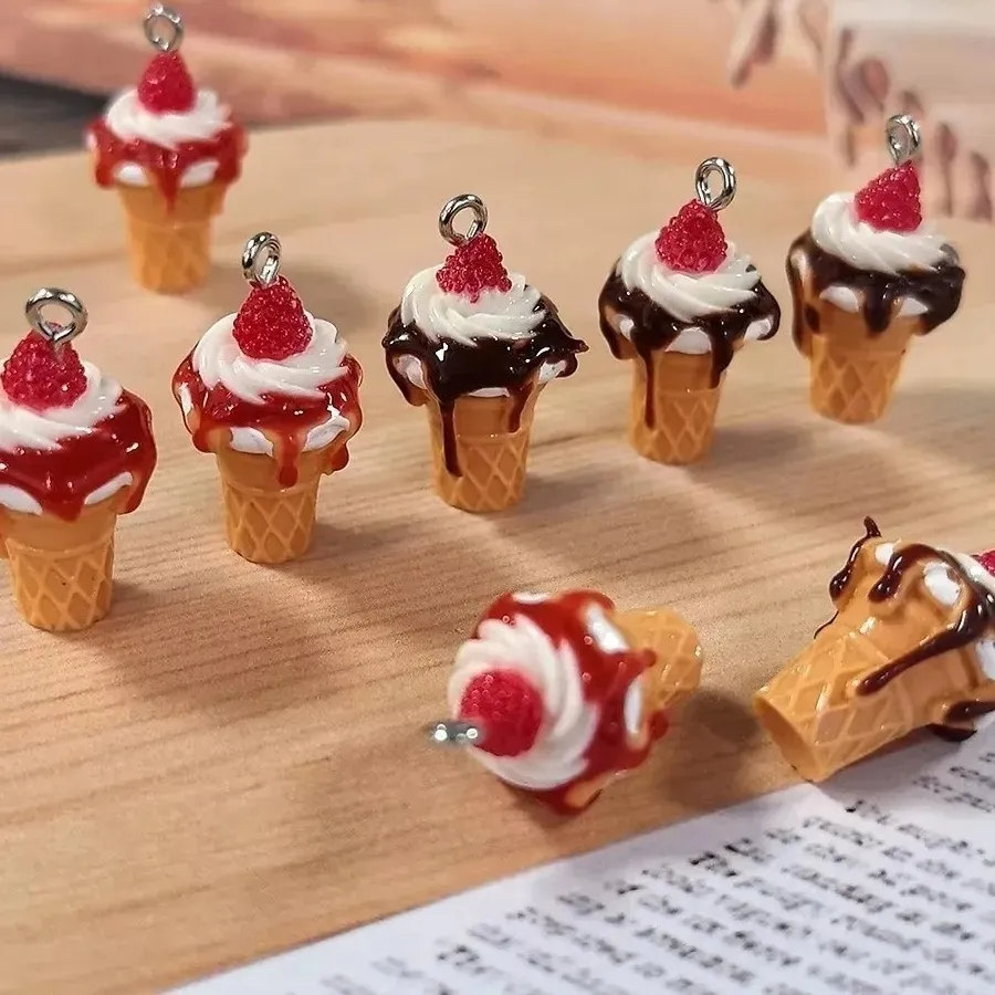 Authentic 10Pcs Kawaii 3D Strawberry Jam Ice Cream Resin Charms Cute Mini Simulation Food Pendants For DIY Earring Bracelet Jewelry