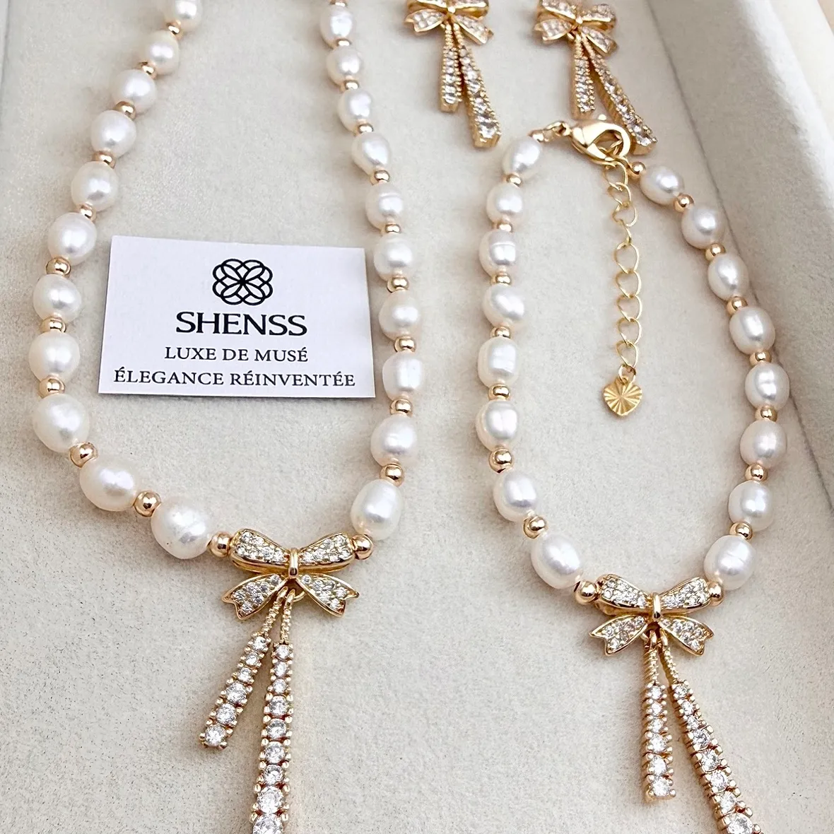 Authentic Natural Rice-Shaped Pearl Bowknot Necklace Bracelet Earrings Set Light Luxury Minimalist High-End Temperament Versatile Jewelry
