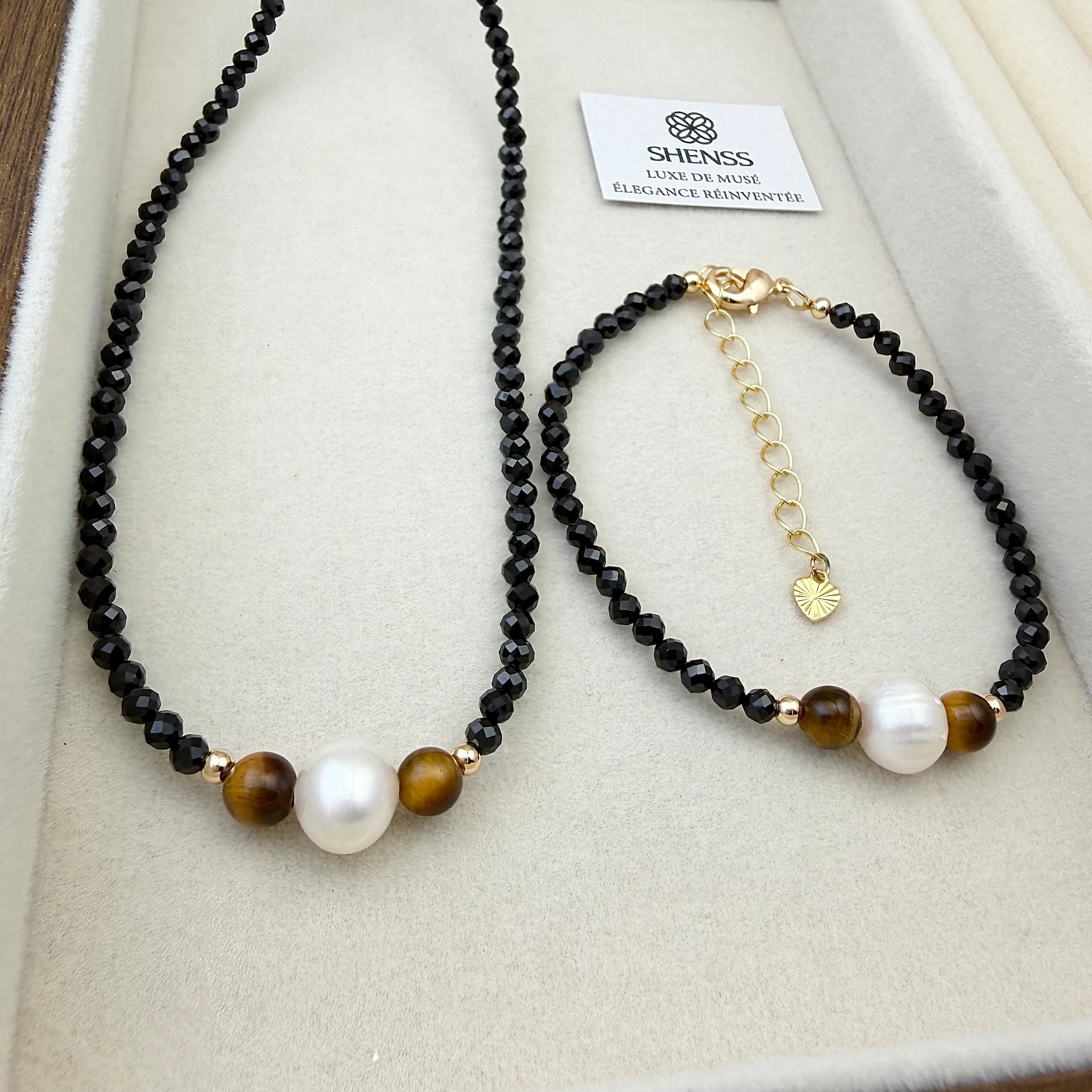 Authentic Mystical Trinity: Black Spinel, Tiger's Eye, and Pearl
