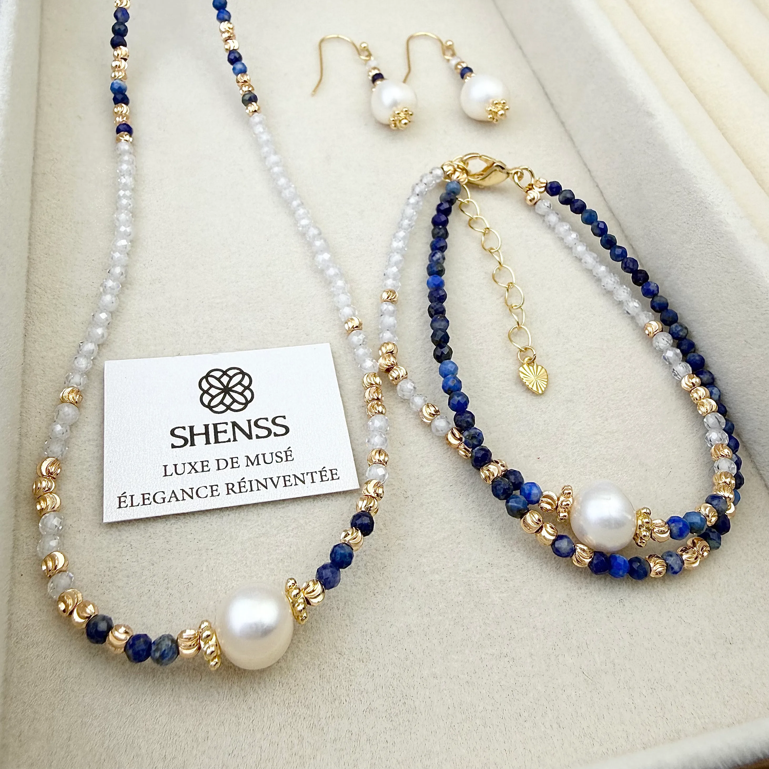 Authentic Lapis Lazuli & Zircon Pearl Jewelry Set Luxury Blue-White Contrast Necklace Bracelet Earrings Elegant Versatile for Her