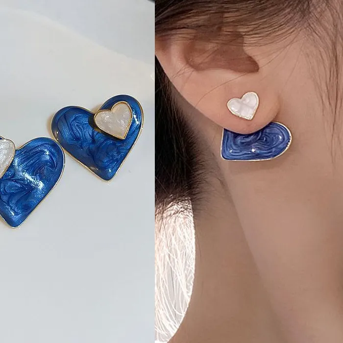 Authentic 925 Silver Needle Korean Dropping Oil Blue Heart Earrings For Women Jewelry 2026 Trending Women's Stud Earrings