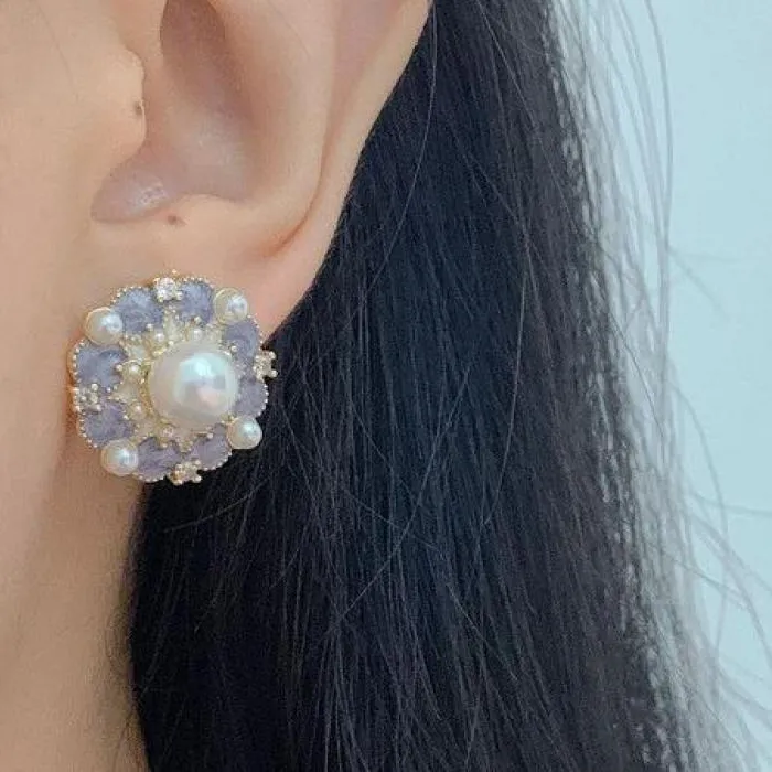 Authentic 925 Silver Needle Vintage Purple Oil Dropping Flower Earrings For Women Jewelry 2026 Trending French Women's Pearl Stud Earrings