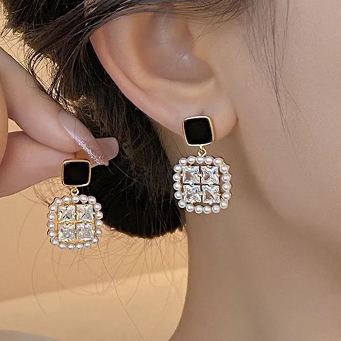 Authentic 925 Silver Needle Korean Square Pearl Drop Earrings For Women Jewelry 2026 Trending Women's Vintage Zircon Earrings