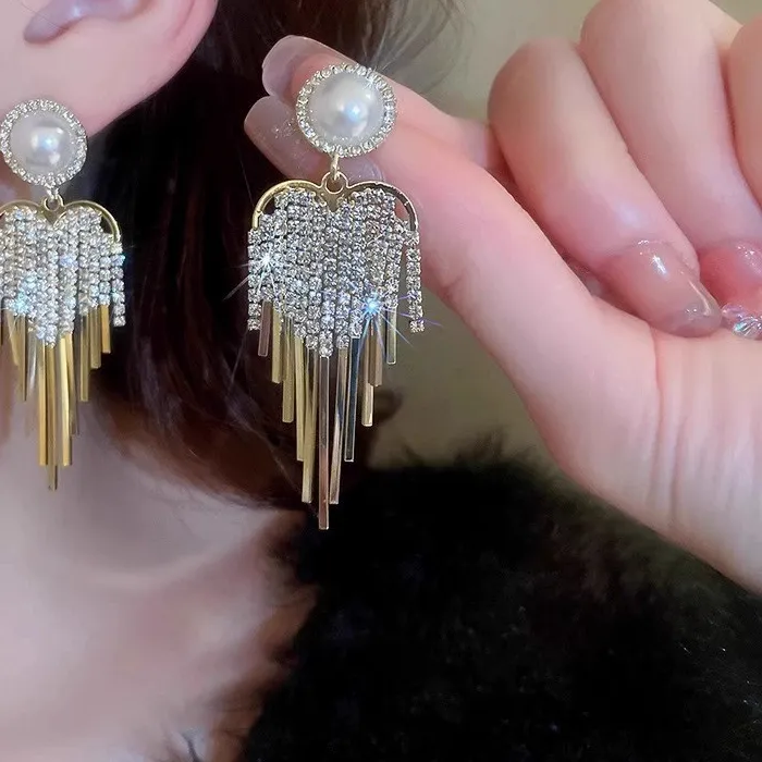 Authentic 925 Silver Needle Korean Crystal Heart Tassel Earrings For Women Jewelry 2026 Trending Luxury Women's Drop Earrings