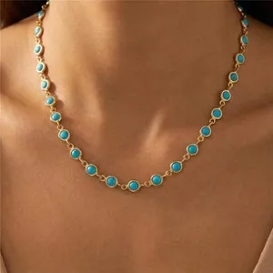 Authentic Round Cut Blue Turquoise Station Necklace Lobster 18in 14k Yellow Gold Plated