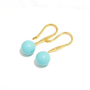 Authentic Natural Turquoise Ball Dangle Earrings Gold Plated 925 Sterling Silver Jewelry