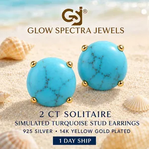 Authentic 2.00CT Solitaire Turquoise Stone Stud Erring 925 Silver 14k Yellow Gold Plated