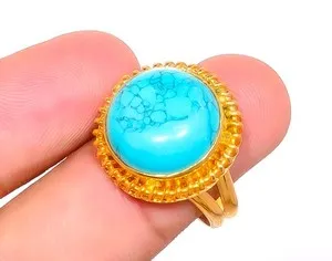 Authentic Turquoise Gemstone 18k Yellow Gold Plated Ring s.8.5 R623-48