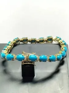 Authentic 9CT Oval Sleeping Beauty Turquoise Women's Tennis Bracelet 14KYellow Gold Plated