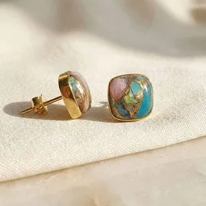 Authentic Gold Plated Opal And Turquoise Gold Plated Gemstone Stud Earrings