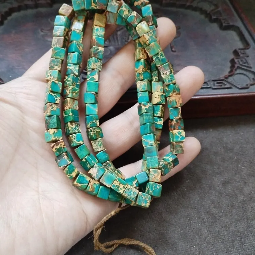 Authentic Vintage Turquoise Square Cube Beads Green Stone Mini Square Loose Bead Strand Bracelet Necklace Ethnic Jewelry Making Supplies