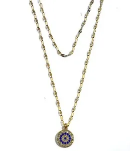 Authentic 18K Gold Plated Blue Evil Eye Pendant Necklace Two Tone Chain Lucky Nazar
