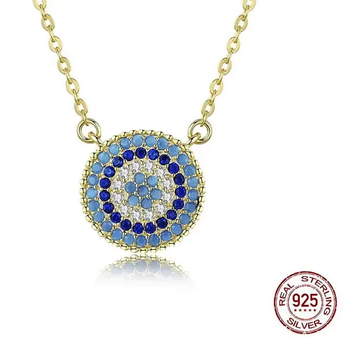 Authentic Kaletine 925 Sterling Silver Necklace Round Pendant Evil Eye Necklace Paved Blue Zinconia Luck Turkey Jewelry