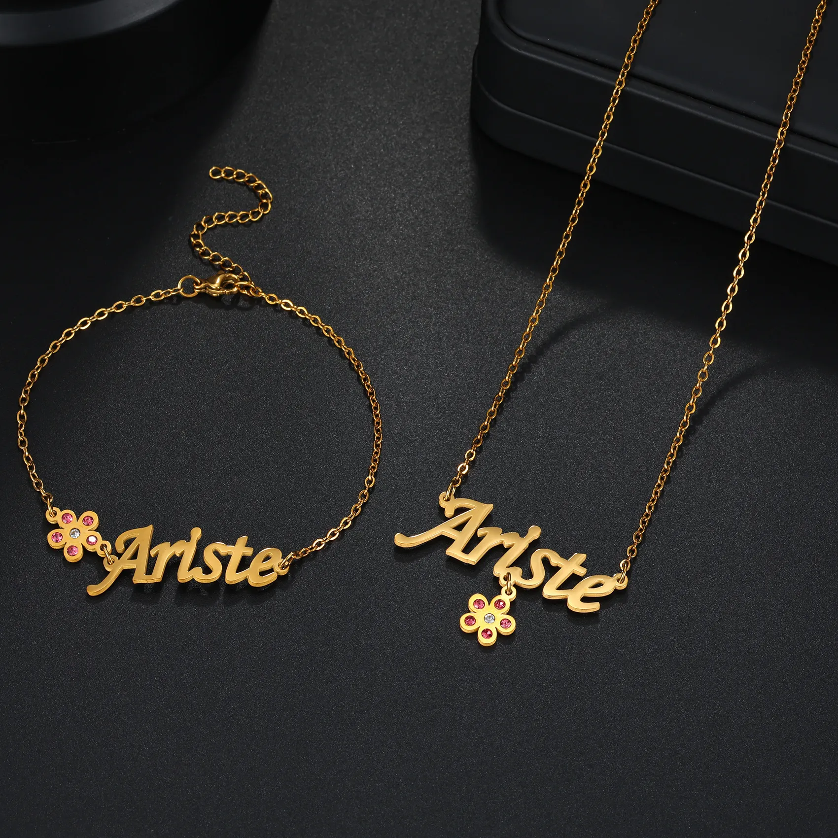 Authentic Customized Name Necklace Bracelet Jewelry Sets with Pink Rhinestone Flower Charm Set Women Kids Birthday