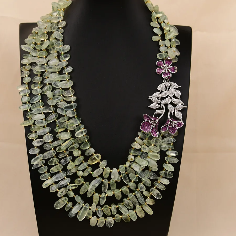 Authentic G-G 5 Rows Natural Green Prehnite Top Drilled Freeform Real Gemstone Necklace CZ Flower Connector Pendant
